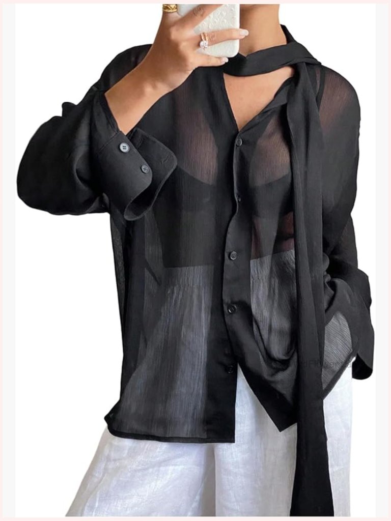 Sheer Mesh Knot Front Button Down Blouse Long Sleeve See Through Top